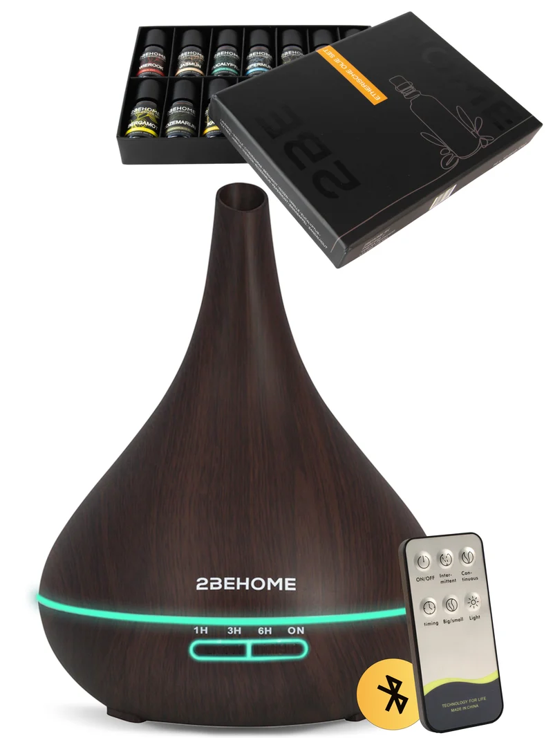 2BEHOME Aroma Diffuser 550ML met Afstandsbediening - Incl. 16 Etherische Oliën - Donkere Houtlook - 7 LED Kleuren - Aromadiffuser Luchtbevochtiger - Geurverspreider
