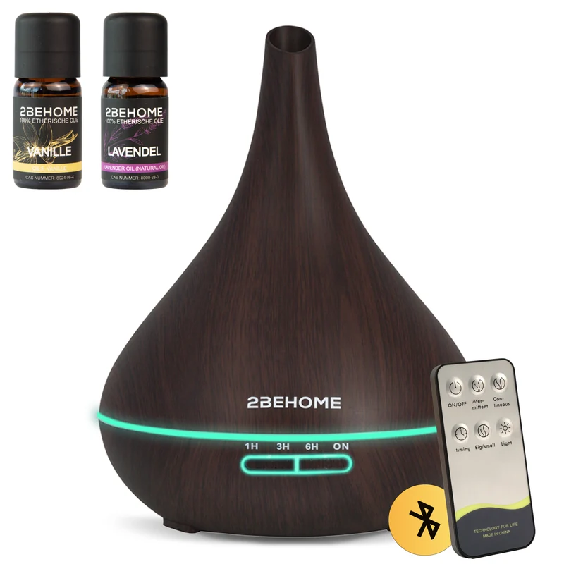 2BEHOME Aroma Diffuser 550ML met Afstandsbediening - Incl. 2 Etherische Oliën - Donkere houtlook - 7 LED Kleuren - Aromadiffuser Luchtbevochtiger - Geurverspreider