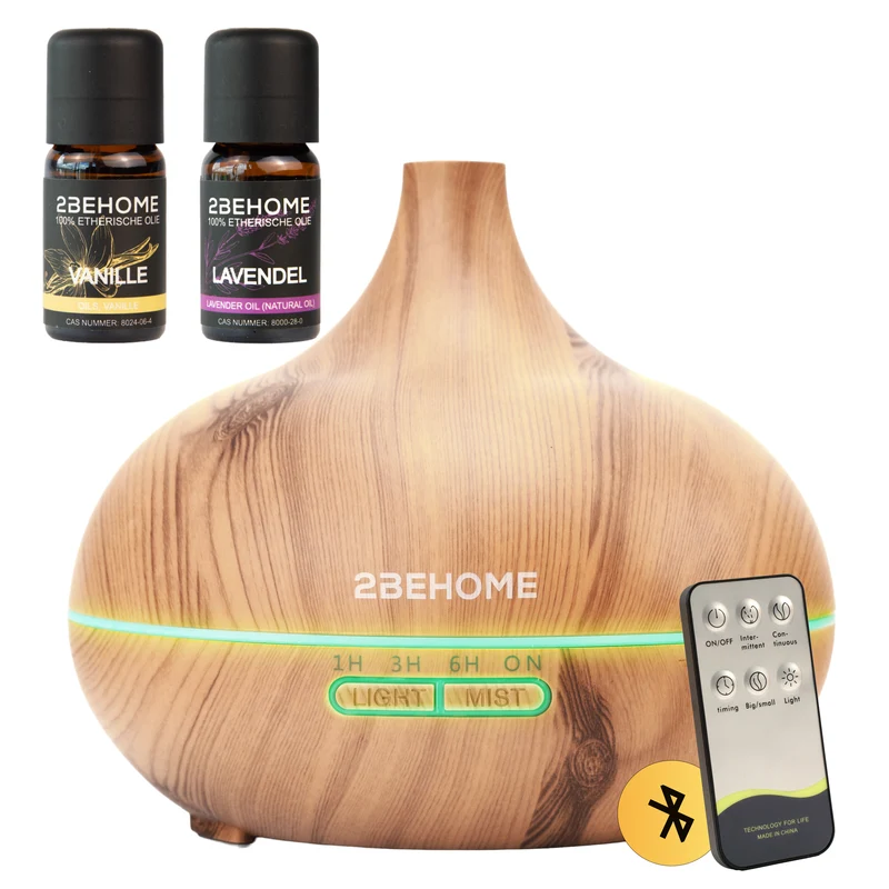 2BEHOME Aroma Diffuser 550ML met Afstandsbediening - Incl. 2 Etherische Oliën - Lichte Houtlook