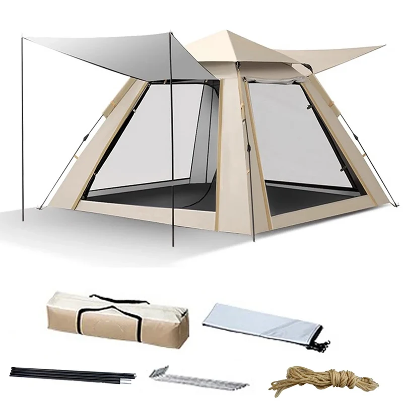 Campingtent - Opvouwbar Campingtent - Pop-Up Tent voor 4 personen - Familietent - Koepeltent - met Draagtas - Draagbare - Ultralicht - Waterdicht - voor Buiten - Wandelen - Bergbeklimmen - 210 x 210 x 130 cm - Beige