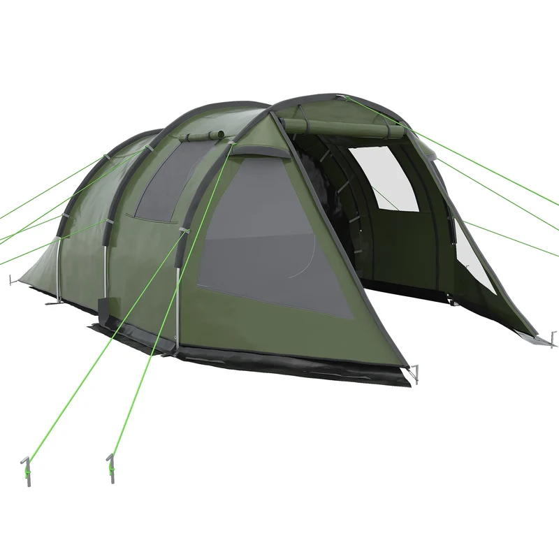 Tunnel Tent - 3 tot 4 Personen - Waterdicht & UV-bestendig - Grote Ruimte - Ventilatieramen - Outdoor Kampeertent - 475x264x172 cm - Groen