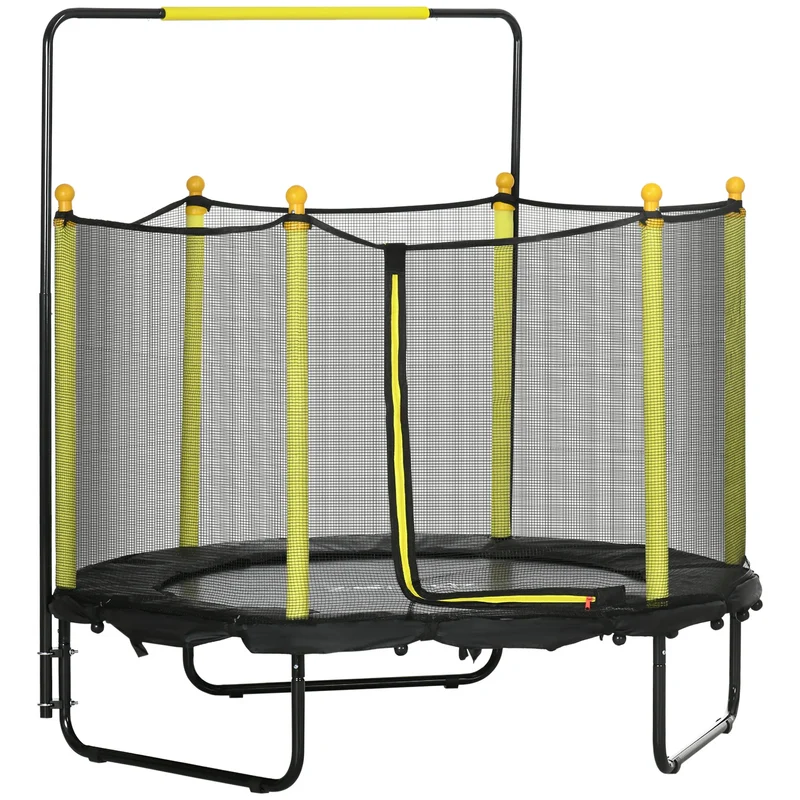 Kindertrek Trampoline Ø 140x120-140 cm met Veiligheidsnet - Schokdempers - Verstelbare Handgreep - Geschikt voor Binnen en Buiten - Zwart