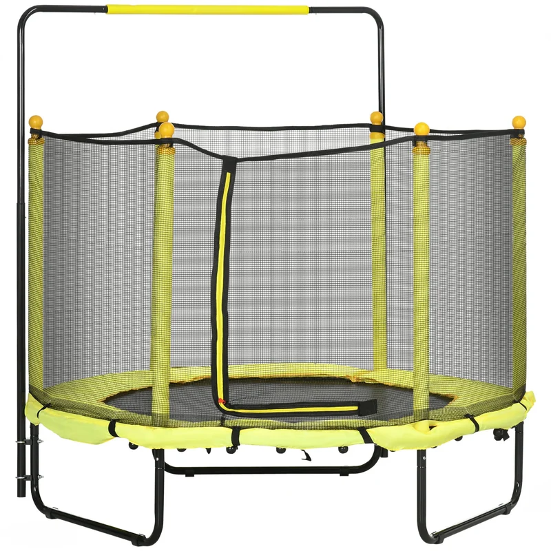 Kindertrek Trampoline Ø 140x120-140 cm met Veiligheidsnet - Schokdempers - Verstelbare Handgreep - Geschikt voor Binnen en Buiten - Geel