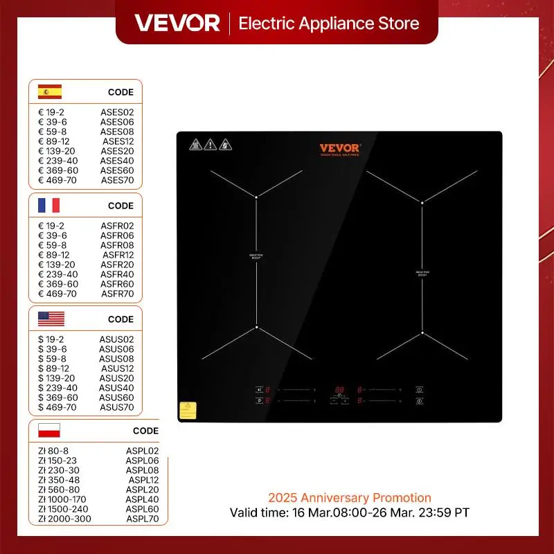 VEVOR Embedded Induction Cooktop 4 Burner 24 Inch Electric Built-in Induction Cooker with Touch Control 220-240V No Plug
