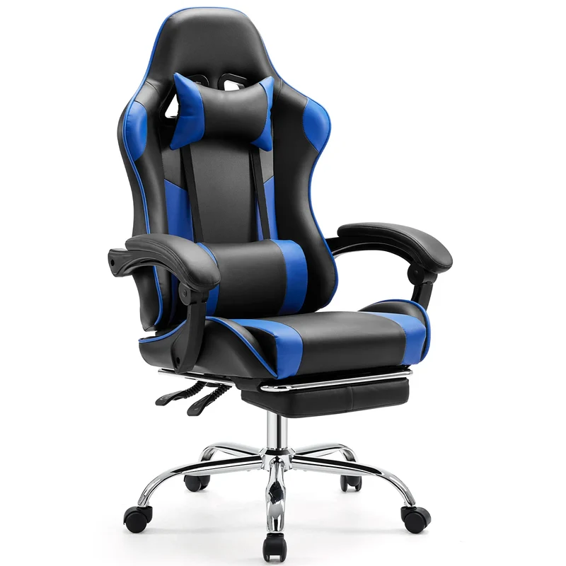 Gaming Stoel - Bureaustoel - Verstelbare Zithoogte - Comfortabel PU Leer - Met Hoofdsteun en Lendensteun - 360° Draaibare Wielen - Duurzaam Metalen Onderstel - Kantoor en Gaming - Blauw