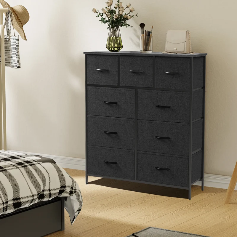 Ladekast - Ladenkastje - met 9 Stoffen Laden – Ruime Dressoir Kast - Stabiele Opbergkast - Compact en Ruimtebesparend - voor Slaapkamer en Kleding - Zwart