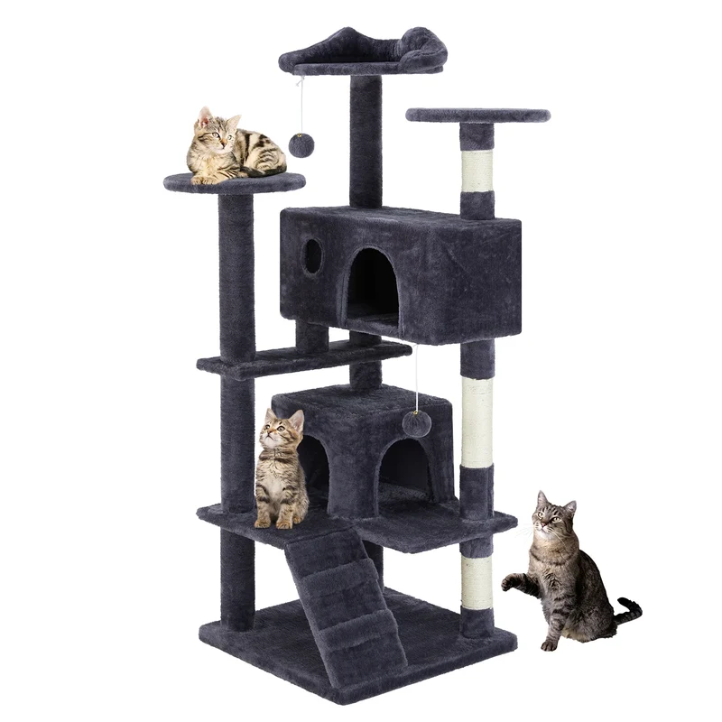 Krabpaal - voor Katten - Krabton - Hoge Kattenboom – 54inch - Multi-Level Krabpaal - Stabiele Kattenboom - Zacht en Knus - met Sisal en Huisjes - Donkergrijs