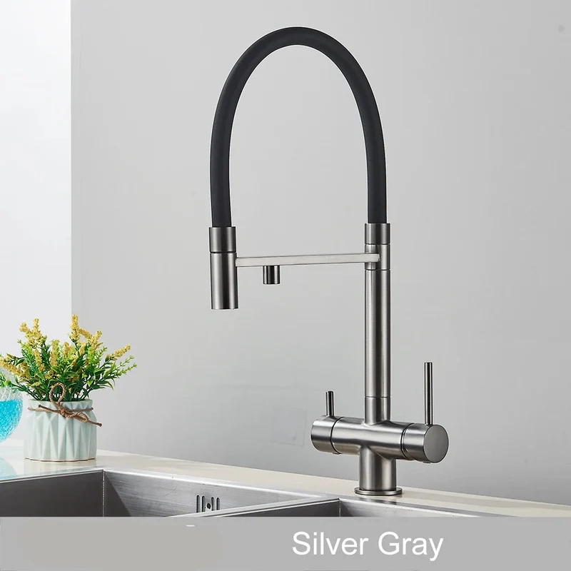 Keukenmengkraan - met Uittrekbare Uitloop – Keukenkraan - Dual Handle en Gefilterd Water - Koud en Warmwaterkraan - Uittrekbare Sproeikop - Zilvergrijs