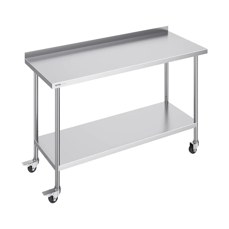 RVS Werktafel - Keukeneiland - Kookeiland - Keukentafel - RVS Werktafel met Verstelbare Bovenplank - 24 x 24 in - Roestvrijstalen Keukentafel met 2 Verstelbare Onderschappen