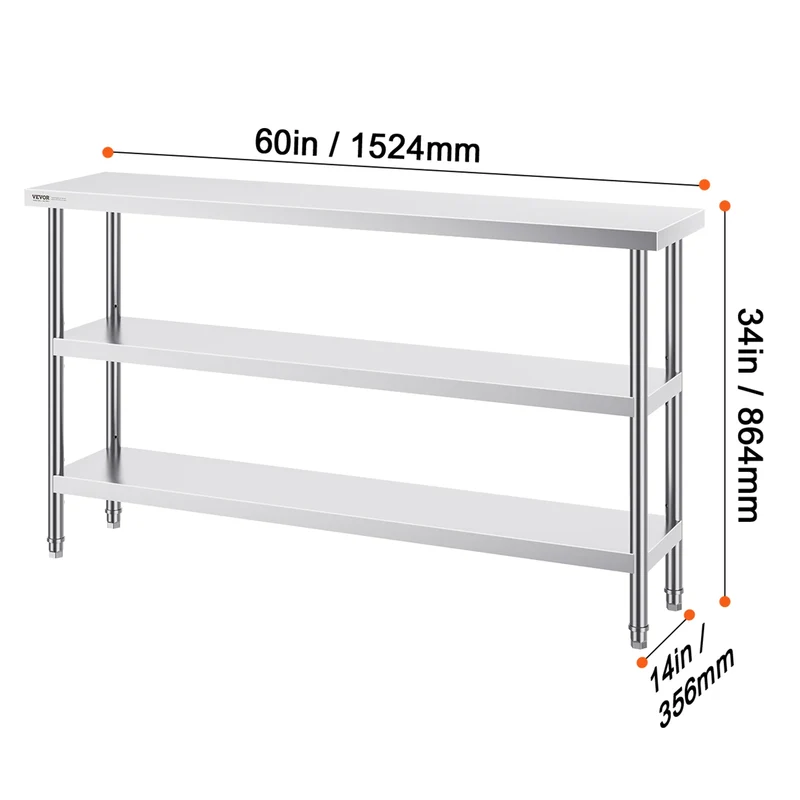 RVS Werktafel - Keukeneiland - Kookeiland - Keukentafel - RVS Werktafel met Verstelbare Bovenplank - 14 x 60 in - Roestvrijstalen Keukentafel met 2 Verstelbare Onderschappen