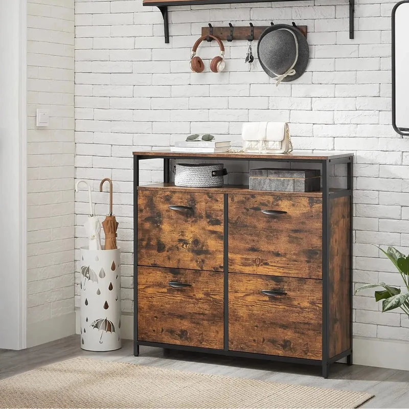 Schoenenkast - Schoenrek - 4 Flappen - 20 Paar Schoenen - Ruimtebesparend - Open Vakken - Accessoires - Verstelbare Voeten - 98.3x30x95cm - Houtplaat - Vinta Breun-Zwart