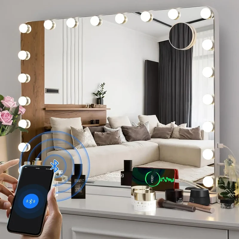 Make up Spiegel - Met Verlichting - 20 LED - 80x60 cm - Grote Kosmetische Spiegel - 3 Dimmer Lichten - USB-oplaadpoort - Bluetooth - Metalen Frame - Wit