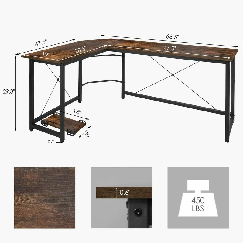 L-vormige Bureau - 170cm - Gaming - Werkstation Tafel - Bevestigingshaak - Stabiele Constructie - Metalen frame - 170x120 x75cm - Mahonie