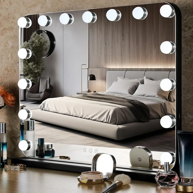 Make up Spiegel - Met Verlichting - 20 LED - 80x60 cm - Grote Kosmetische Spiegel - 3 Dimmer Lichten - USB-oplaadpoort - Bluetooth - Metalen Frame - Zwart