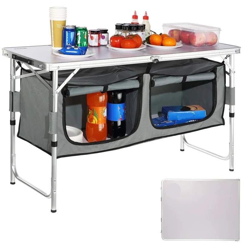 Opvouwbare Camping Keukentafel - Opklapbare - Inklapbaar - Buitent - Snel Opzetbare - Verstelbare Hoogte - Familiefeest - Lichtgewicht - Ruimtebesparend - Zilver