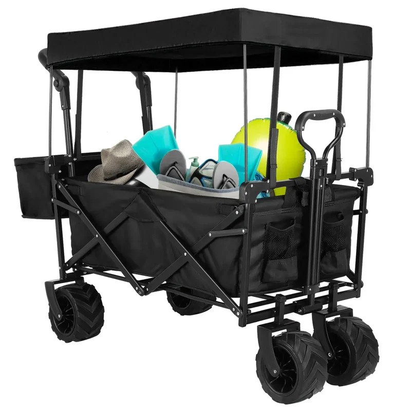 Bolderwagen – Opvouwbare Wagen – Transportwagen – Stevige Kar – Strandwagen – Afneembaar Zonnescherm – Draagkracht 115 kg – 7 Inch 360° Wielen - Zwart