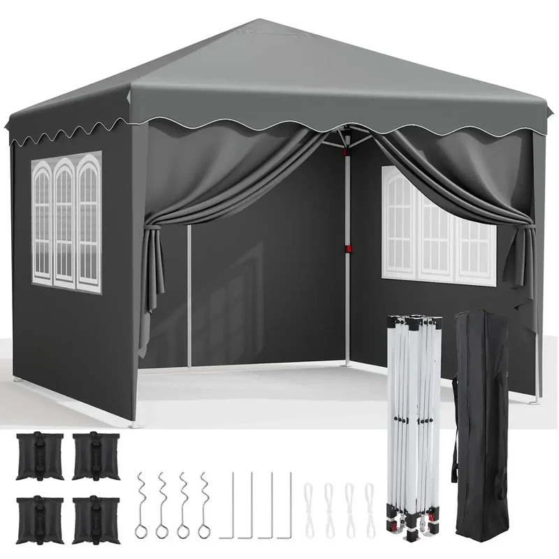 Partytent Opvouwbaar - Tuinpaviljoen - Easy Up Partytent - 3x3m - Pop Up Canopy - Zijwanden – Outdoor Winter Gazebo – Verstelbare - Hoogte Poten – Ramen - Draagtas - UV - Bescherming - Grijs