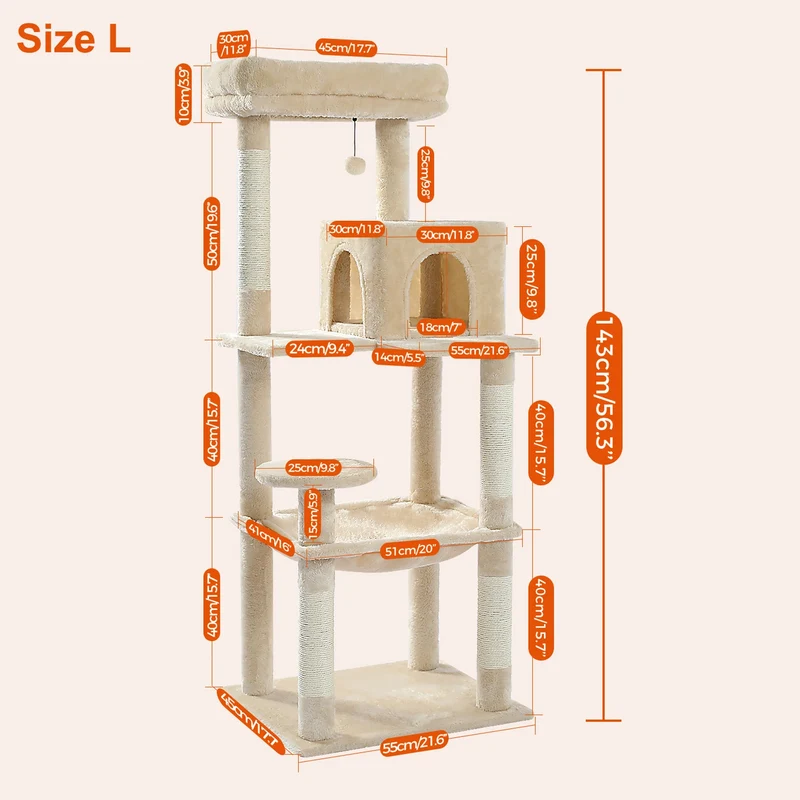 Kattenboom - Krabpaal - Luxe Krabpaal met Meerdere Niveaus – Kattentoren met Huisje & Krabpalen – Stabiele Kattenboom voor Binnen – Kattenaccessoires & Speelgoed - Large - 143cm - Beige