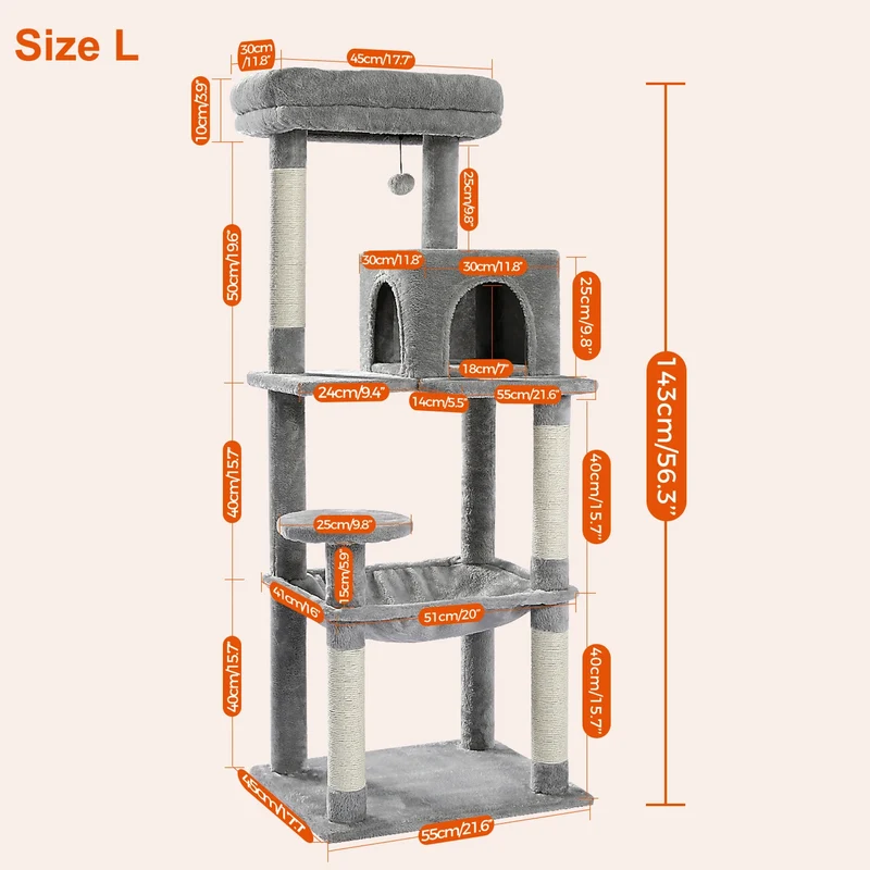 Kattenboom - Krabpaal - Luxe Krabpaal met Meerdere Niveaus – Kattentoren met Huisje & Krabpalen – Stabiele Kattenboom voor Binnen – Kattenaccessoires & Speelgoed - Large - 143cm - Grijs