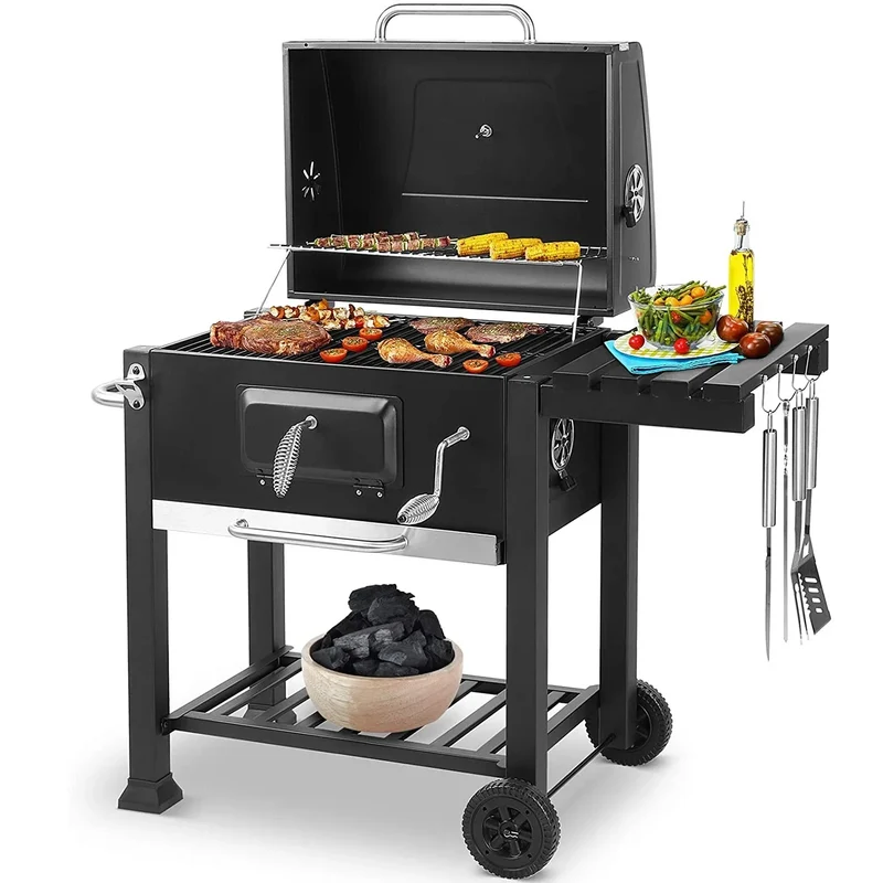 Houtskool Barbecue - Grote Barbecue - met Wielen - 5-10 Personen - Ruim Grilloppervlak - Verstelbare Houtskooltray - en thermometer - Tuin en Camping BBQ - Gemakkelijk Schoon te Maken