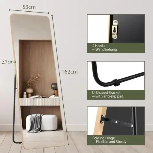 Spiegel - 162x53 cm – Spiegel Staand - Wandspiegel - Full Length - Rechthoekig Design - met Slanke Metalen Frame - Kristalhelder HD Glas - 3-in-1 Gebruik - Goud Ronde Hoek