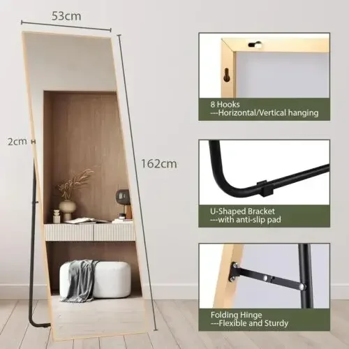 Spiegel - 162x53 cm – Spiegel Staand - Wandspiegel - Full Length - Rechthoekig Design - met Slanke Metalen Frame - Kristalhelder HD Glas - 3-in-1 Gebruik - Goud Rechte Hoek