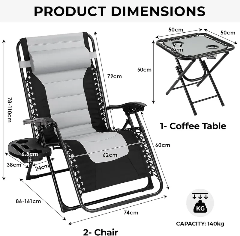 Ligstoel - Tuinstoelen - Strandstoel - Opvouwbare Tuinstoelen met Tafel - Verstelbare Rugleuning 90°-160° - Brede Zitting en Hoofdkussen - Voor Tuin - Strand en Balkon - Zwart Grijs