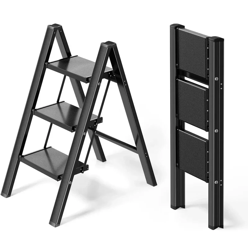 Huishoudtrap – Keukentrap - 3-Treden Ladder – 82,5 cm – Opvouwbare Aluminium - Lichtgewicht - Stevig – Antislip Pedalen - en Handrail - Comfortabele Brede Treden - Max 150 kg - Zwart