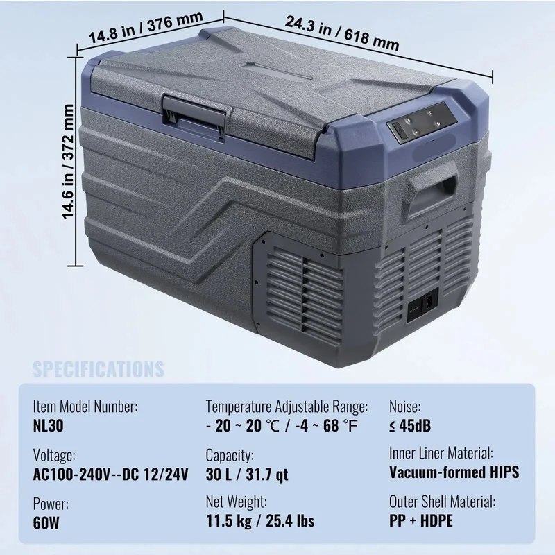 Auto Koelkast - Camping Koelkast - Draagbare Auto Koelbox - Compressor Koelkast 12V/24V - 30L - Snelle Koeling - Energiezuinig - Voor Auto - Camper - en Boot