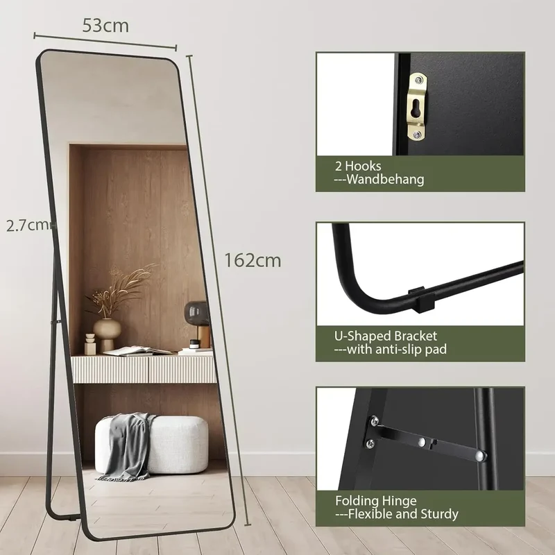 Spiegel - 162x53 cm – Spiegel Staand - Wandspiegel - Full Length - Rechthoekig Design - met Slanke Metalen Frame - Kristalhelder HD Glas - 3-in-1 Gebruik - Zwart Ronde Hoek