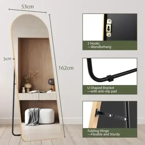 Spiegel - 162x53 cm – Spiegel Staand - Wandspiegel - Full Length - Rechthoekig Design - met Slanke Metalen Frame - Kristalhelder HD Glas - 3-in-1 Gebruik - Goud Gebogen