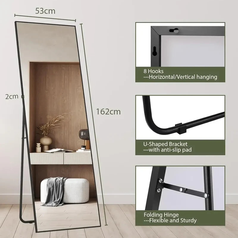 Spiegel - 162x53 cm – Spiegel Staand - Wandspiegel - Full Length - Rechthoekig Design - met Slanke Metalen Frame - Kristalhelder HD Glas - 3-in-1 Gebruik - Zwart Rechte Hoek