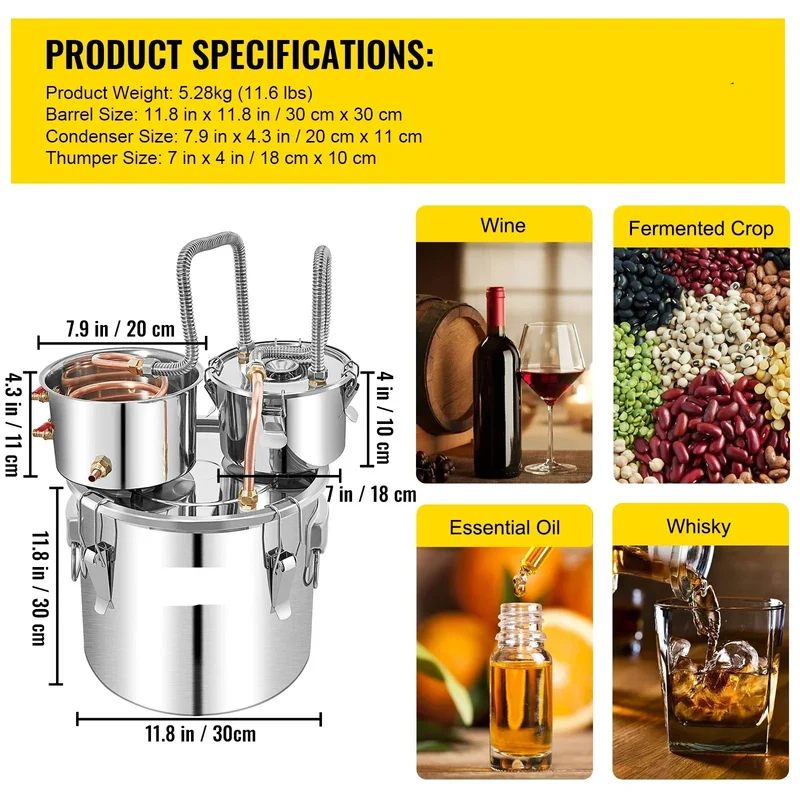 Alcohol Distilleerketel - 20L - Destilleerapparaat – RVS & Koper - Snelle Koeling - Whisky - Bier en Brandy – DIY Distilleerapparaat – Voor Thuisgebruik