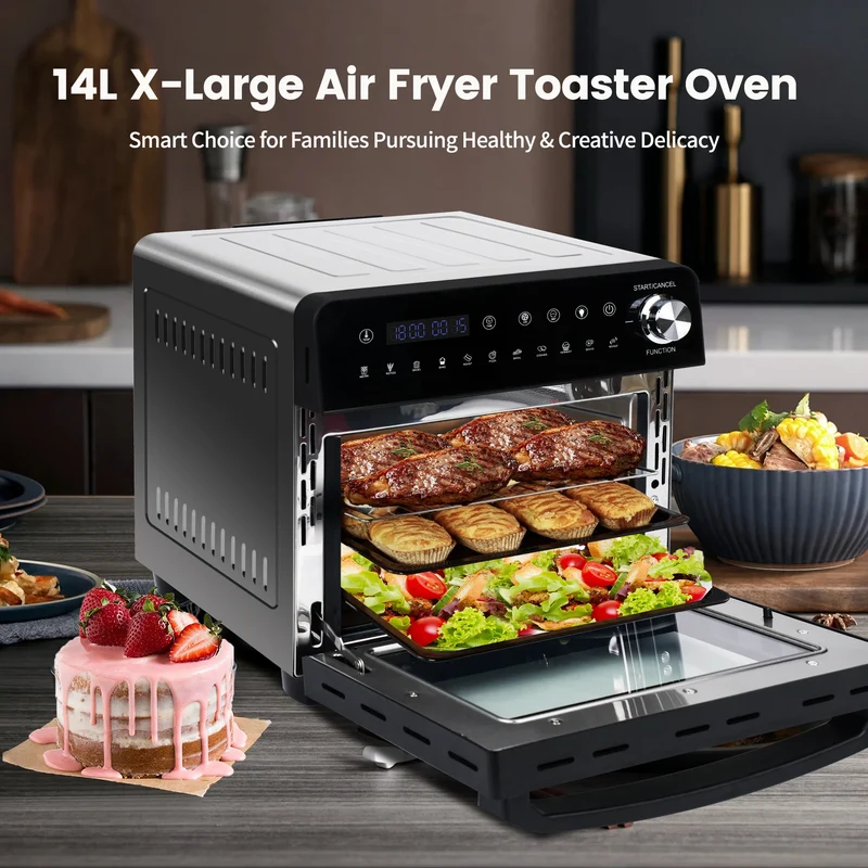 Heteluchtfriteuse - 14L – Mini Oven - 1800W - 240V - XXL - 11 Programma’s – LED Touchscreen - 14L capaciteit - Inclusief Rotisserie - en Accessoires