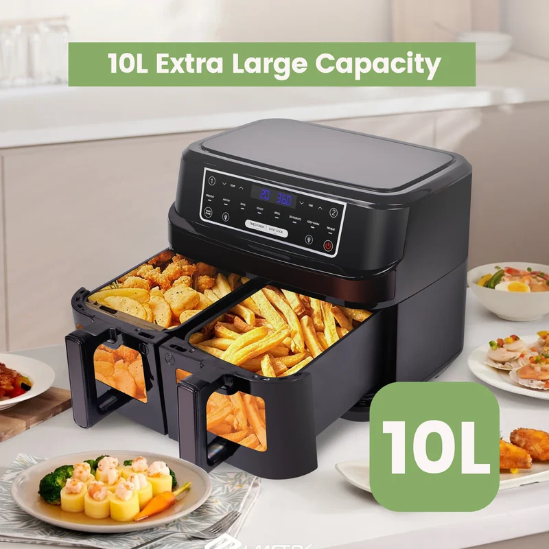 Heteluchtfriteuse 10L – Airfryer - Dubbele Lades – 2000W - 240V - Touchscreen – 8 Automatische Programma's – Kijkvenster - Zwart