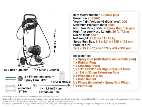 Airless Verfspuit - 750W – Spuitmachine - met Kar - 3000PSI Hoge Druk – Elektrische Verfspuit - Lange Slang en Verlengstuk - voor Binnen - en Buiten – Professioneel en Efficiënt