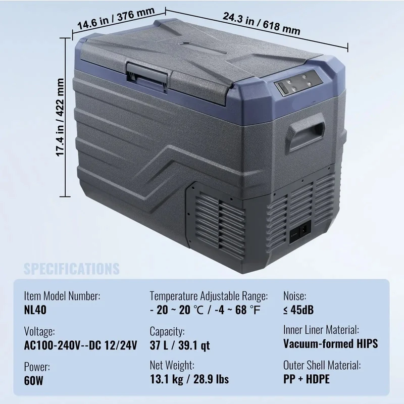 Auto Koelkast - Camping Koelkast - Draagbare Auto Koelbox - Compressor Koelkast 12V/24V - 37L - Snelle Koeling - Energiezuinig - Voor Auto - Camper - en Boot
