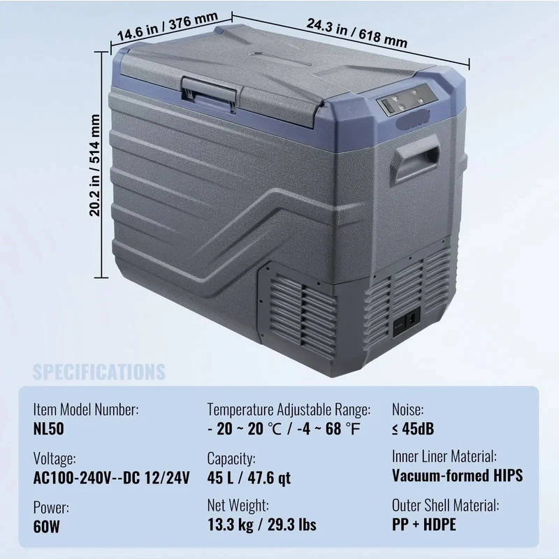 Auto Koelkast - Camping Koelkast - Draagbare Auto Koelbox - Compressor Koelkast 12V/24V - 45L - Snelle Koeling - Energiezuinig - Voor Auto - Camper - en Boot
