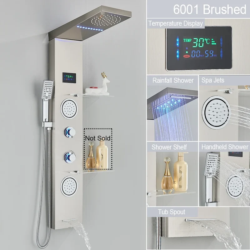 Douche - Regendouche - Douchewand - Douchekolom - Douchepanelen - Brushed Nickel LED Douchepaneel – Waterval Regendouche met LCD Display & Massage Jets - Zilver