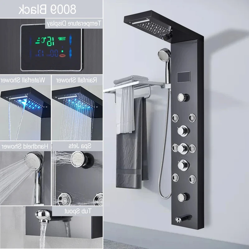 Douche - Regendouche - Douchewand - Douchekolom - Douchepanelen - LED Verlichte Regendouche Paneel – Waterval & Massage Jets met Digitale Display – Luxe Douchekolom - Zwart