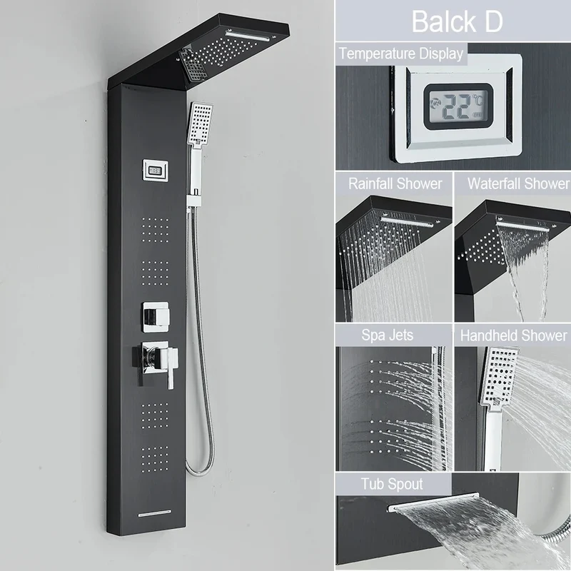 Douche - Regendouche - Douchewand - Douchekolom - Douchepanelen - Zwarte Douchezuil - Waterval & Regendouche - LED Display - Massagejets & Temperatuurweergave