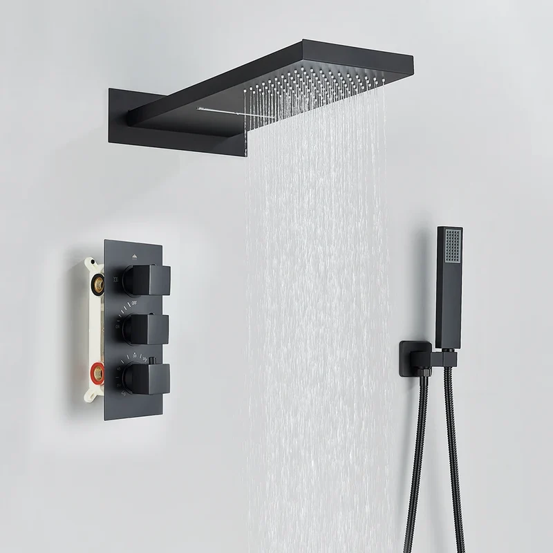Douche - Regendouche - Douchewand - Douchekolom - Douchepanelen - Waterval & Regendouche Set - Thermostatische Inbouw Douchemengkraan - Matte Zwart