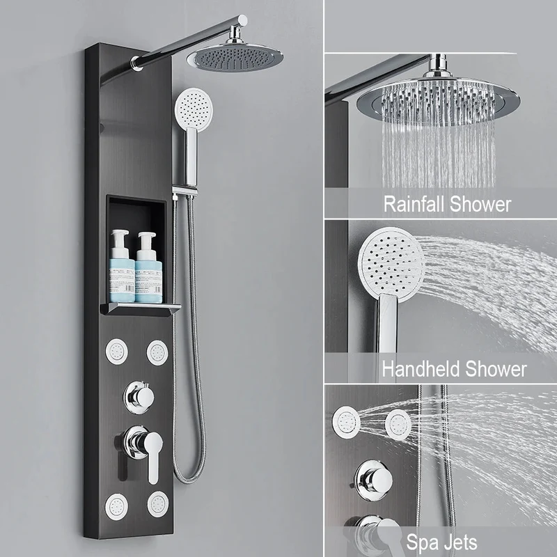 Douche - Regendouche - Douchewand - Douchekolom - Douchepanelen - Douchezuil met Opbergrek - Regendouche - Massagejets - Dubbele Handgreep - Zwart