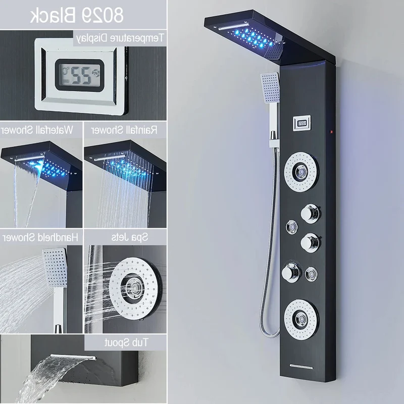 Douche - Regendouche - Douchewand - Douchekolom - Douchepanelen - LED Douchezuil - Waterval & Regendouche - Massagejets - Temperatuurdisplay - Zwart