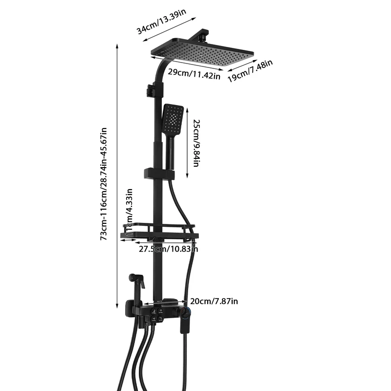 Douche - Regendouche - Douchewand - Douchekolom - Douchepanelen - LCD Douche Systeem met Thermostaat – Multifunctionele Regendouche met 4 Waterstanden – Verstelbare Hoogte 73-116 cm - Zwart