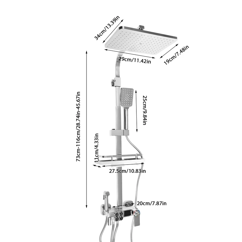 Douche - Regendouche - Douchewand - Douchekolom - Douchepanelen - LCD Douche Systeem met Thermostaat – Multifunctionele Regendouche met 4 Waterstanden – Verstelbare Hoogte 73-116 cm - Zilver