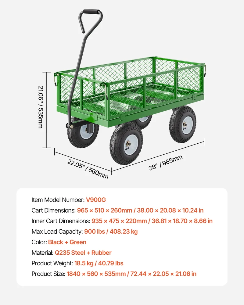 Tuinwagen - Tuinkar - Heavy-duty - 900 lb Draagkracht - 2-in-1 Plat- en - Hekwerkontwerp - 360° Draaibare Wielen - Voor Tuin - Erf en Magazijn - Ergonomische Handgreep