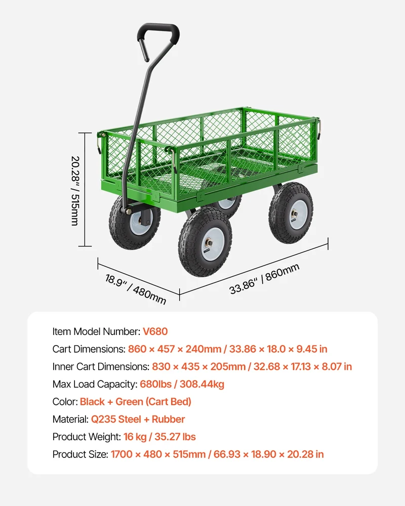 Tuinwagen - Tuinkar - Heavy-duty - 680 lb Draagkracht - 2-in-1 Plat- en - Hekwerkontwerp - 360° Draaibare Wielen - Voor Tuin - Erf en Magazijn - Ergonomische Handgreep