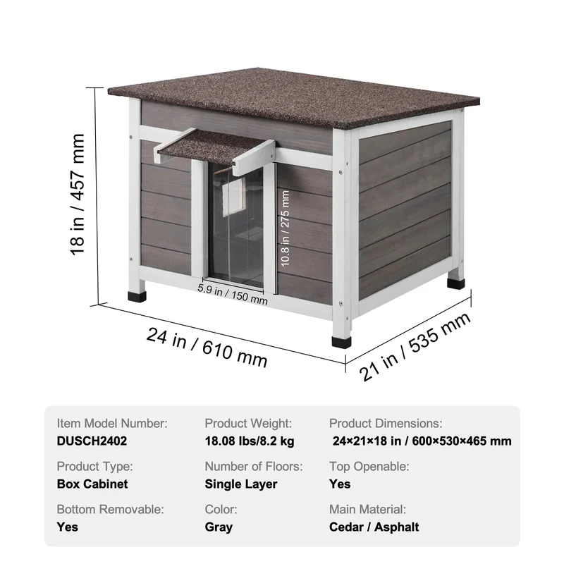 Kattenhuis - Kattenhok - Weerbestendig Houten - Geïsoleerd Buitenverblijf - voor Feral Katten - en Konijnen - Ruim en Veelzijdig - Grijs - 24inch