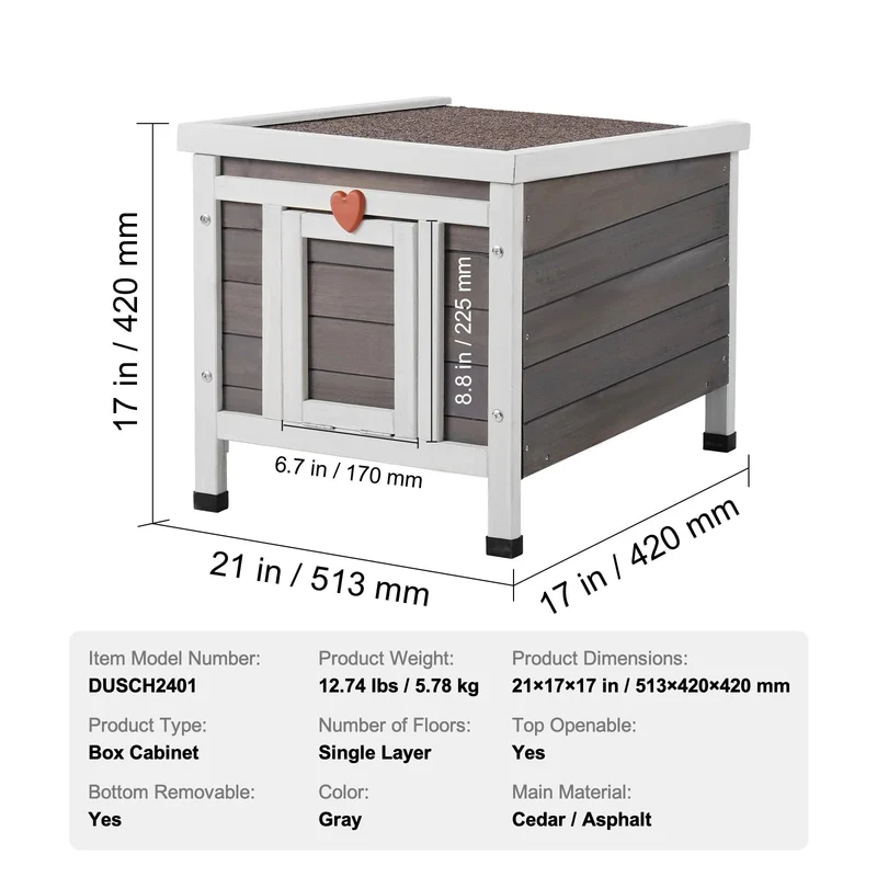 Kattenhuis - Kattenhok - Weerbestendig Houten - Geïsoleerd Buitenverblijf - voor Feral Katten - en Konijnen - Ruim en Veelzijdig - Grijs - 20inch